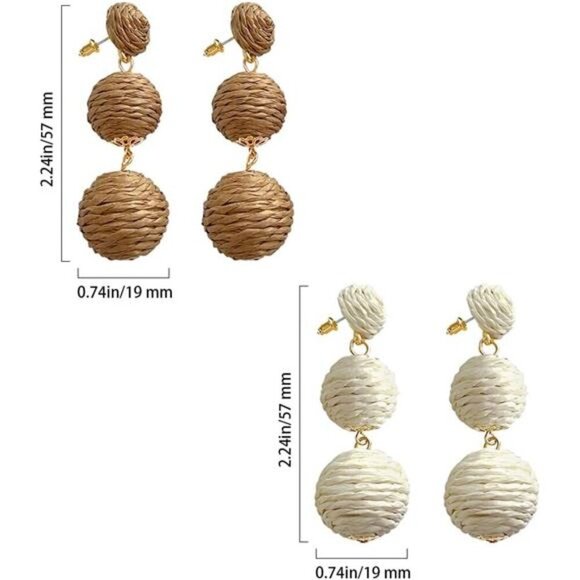 Boho Double Ball Drop Earrings โ Woven Rattan Statement Earrings, Set of 2 pair - Picture 2 of 7